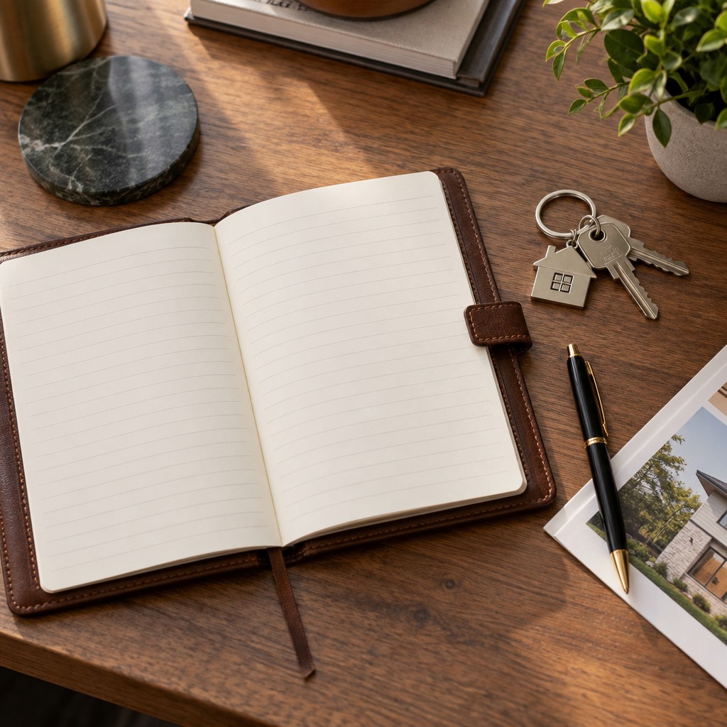 An open notebook and house keys on a desk, representing Katrina Copeland, Independent Broker