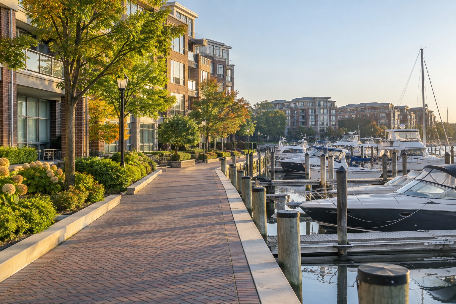 A National Harbor, MD waterfront street, illustrative