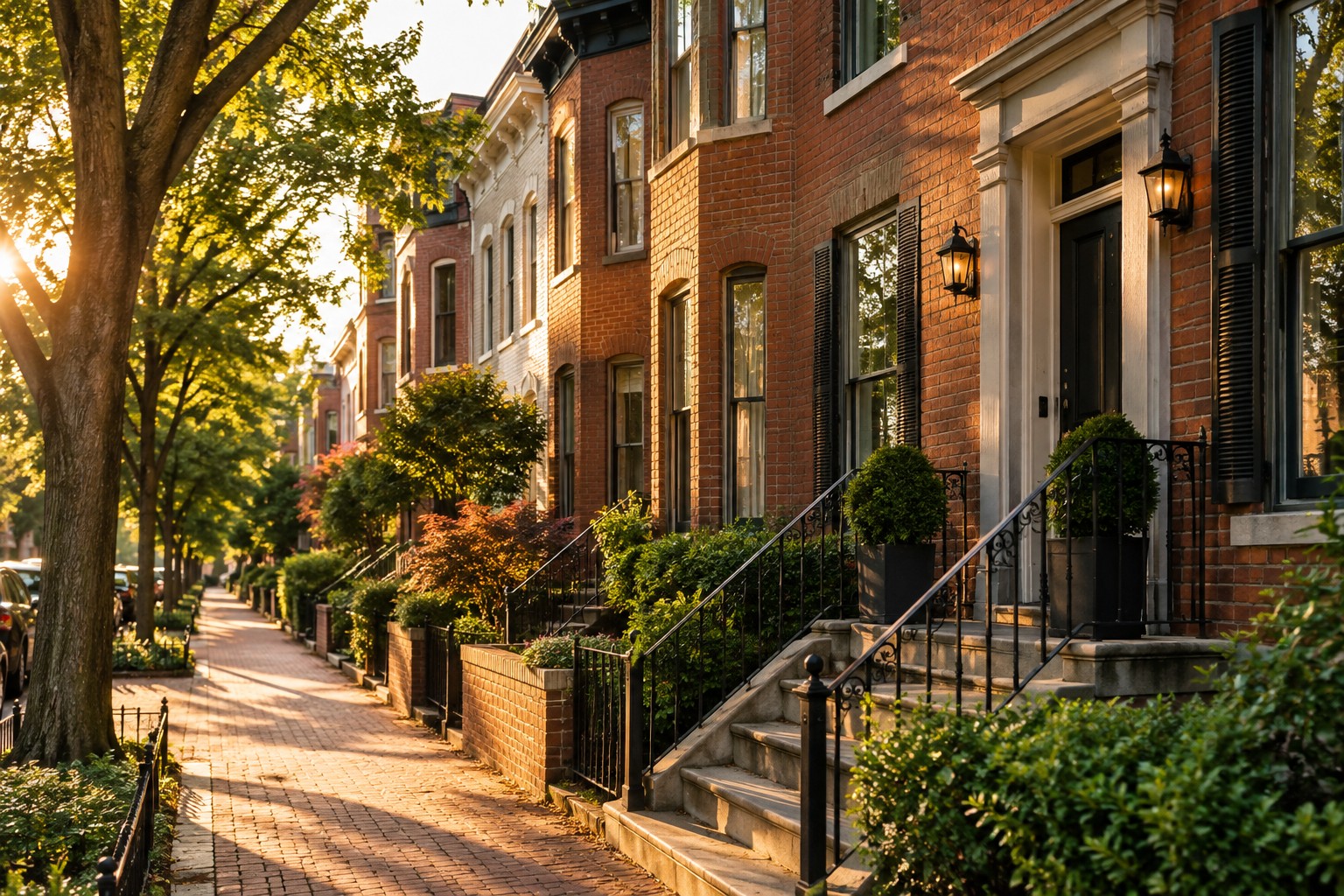 A Washington DC rowhouse street at golden hour, illustrative
