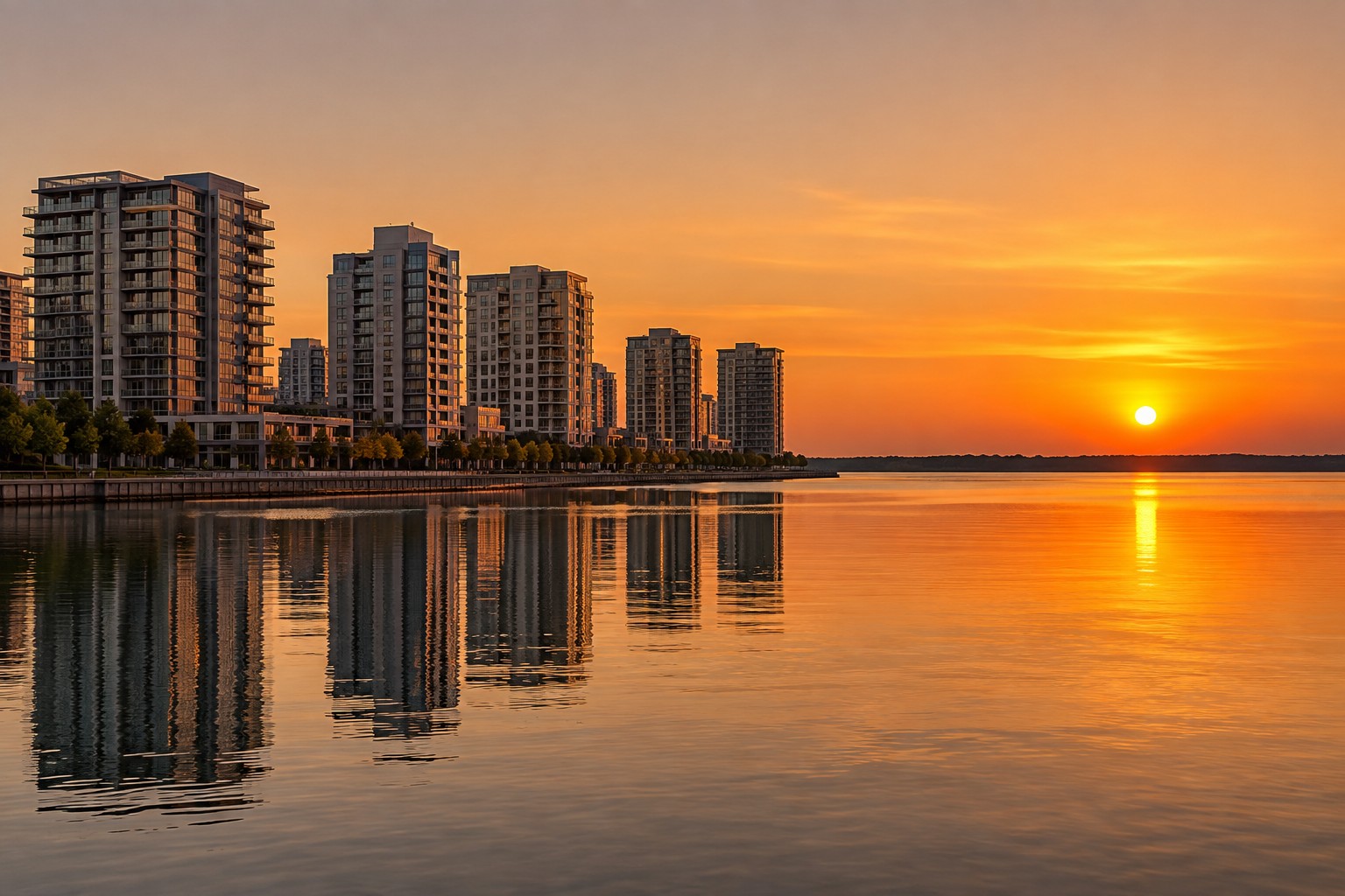 A National Harbor, MD waterfront at sunset, illustrative