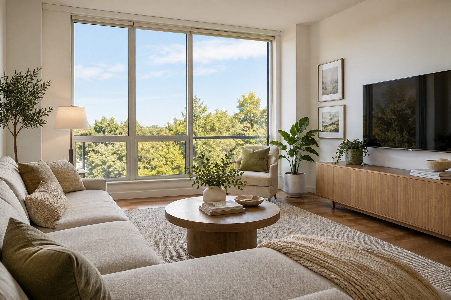 A cozy DC condo living room, illustrative
