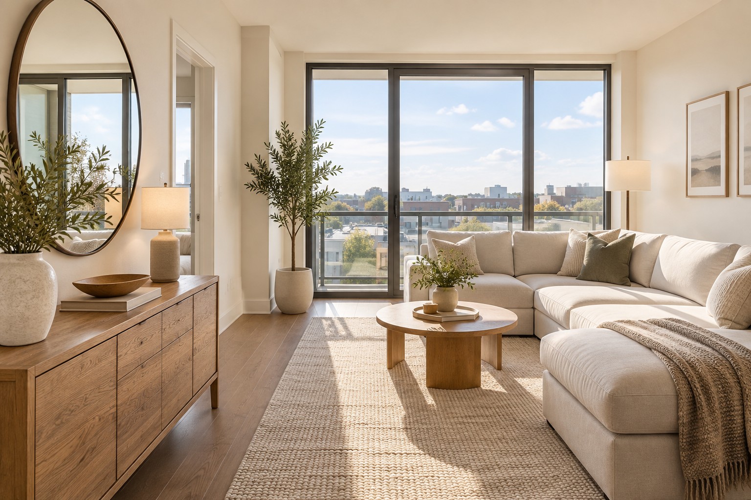 A bright Washington DC living room interior, illustrative